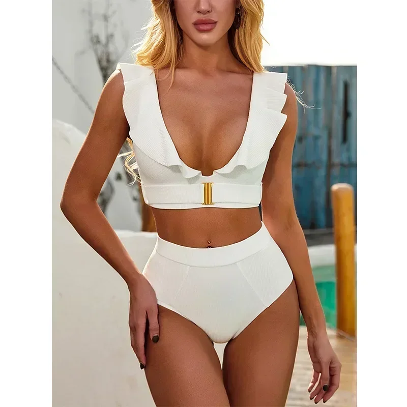 2024 New Sexy Bikini Women White Swimwear Swimsuit Ruffle V-neck Metal Buckle High Waist Beach Bikinis Set Bathing Suit Push Up