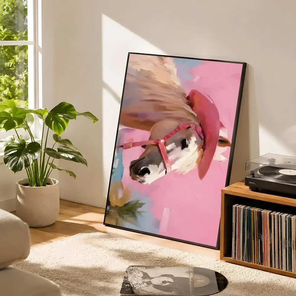 Fashion Western Cowgirl Girly Horse With Pink Cowboy Hat Girly Poster Matte Wall Art Removable Home Room Decoration