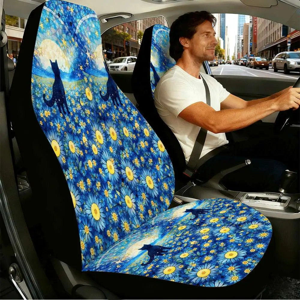 Set Of 2 Moonlit Black Cat Car Seat Covers Featuring A Blue Daisy Field Design, Ideal For Front Seats. Made From Polyester, Thes