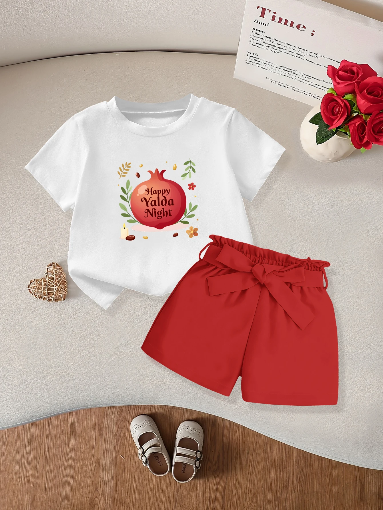 

Комплект из 2 предметов: летний комплект для девочек Yalda Night Day, шорты и футболка с коротким рукавом, с принтом граната и цветов, с бантом