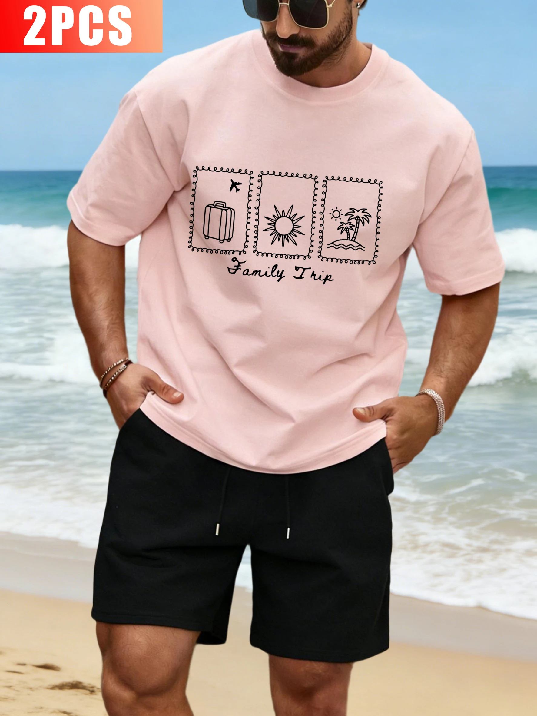 

Summer Family Trip Design Men T-Shirt Set Fashion Cotton O-Neck Tee Drawstring Wide-Leg Pants Male Loose Summer Sportsuit