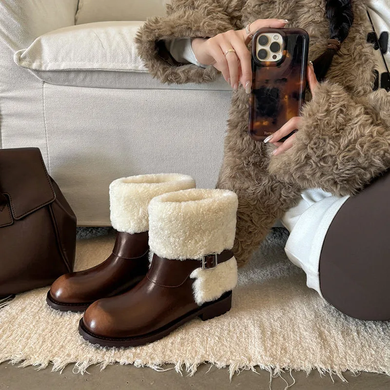 MKKHOU Fashion Short Boots Women's New High Quality Genuine Leather Boots Wool Warm Boots Round Head Winter Ankle Boots Women