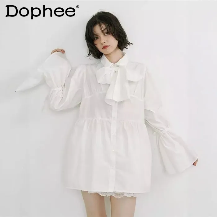 

Новая весенне-осенняя рубашка 2026 в японском ретро-стиле для девушек: милая и дерзкая, средней длины, с бантом, свободного кроя, повседневная, универсальная, для города