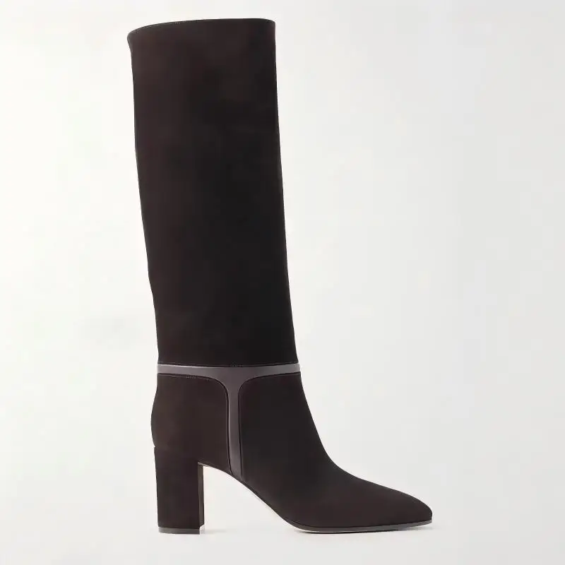 Slip On Knee High Boots Women Pointed Toe Block Heel Suede Splice Leather Trim Retro Elegant Daily Long Dress Boots