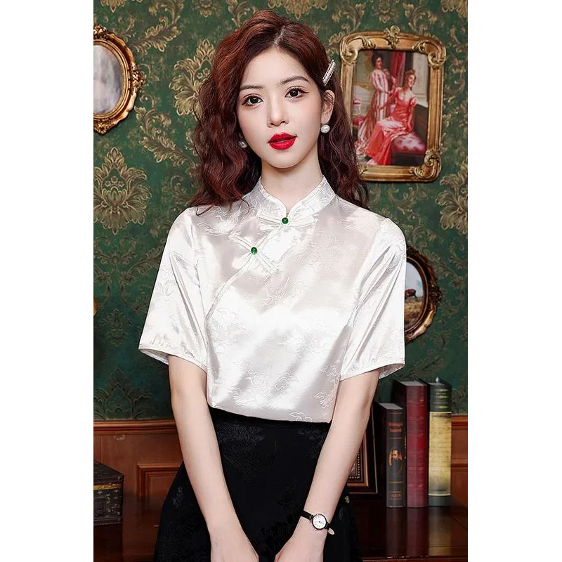 Summer Short Sleeve Women Blouse Chinese Style White Chiffon Blouse Shirt Women Tops Blusas Mujer De Moda 2024 Verano Blusa H824