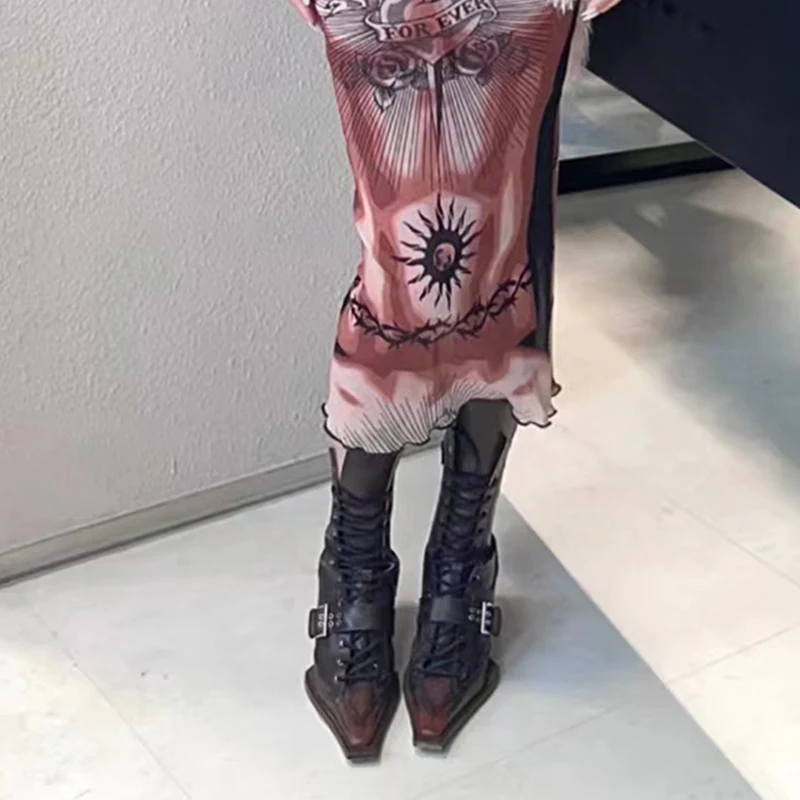 

Women Belt Buckle Pointed Motorcycle Boots Summer Street Ins Style Punk Short Boots Thick Heel Black/brown Retro Knight Boots