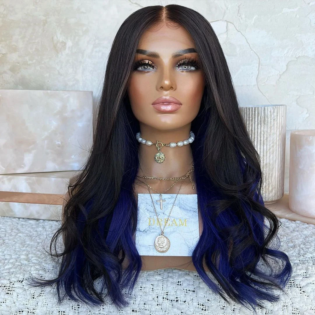 

QW Blue Mixed Black Wavy Synthetic Lace Front Wig Black Hair Lace Frontal Wigs for Women Heat Resistant Fiber Cosplay