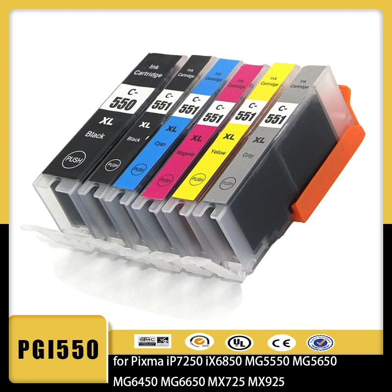 6/5pcs Ink Cartridges for Canon PGI550 CLI551 PGI 550 PIXMA IP7250 MG5450 MX925 MG5550 MG6450 MG5650 MG6650 IX6850 MX725 Printer