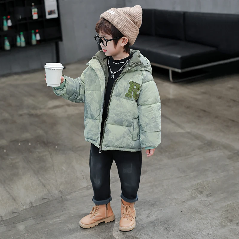 

Thickened Cotton Jacket for Boys Winter Warm Coat Youth Style Hooded Letter Pattern Short Outerwear for Middle And Small ...