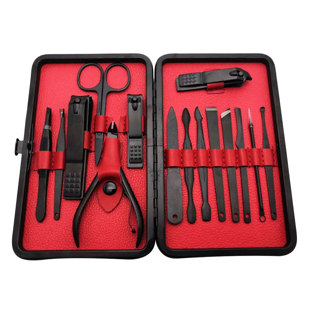 15개 스테인리스 스틸 매니큐어 페디큐어 세트 전문가용 네일 케어 그루밍 키트 여행용 선물 내구성 도구 녹 방지