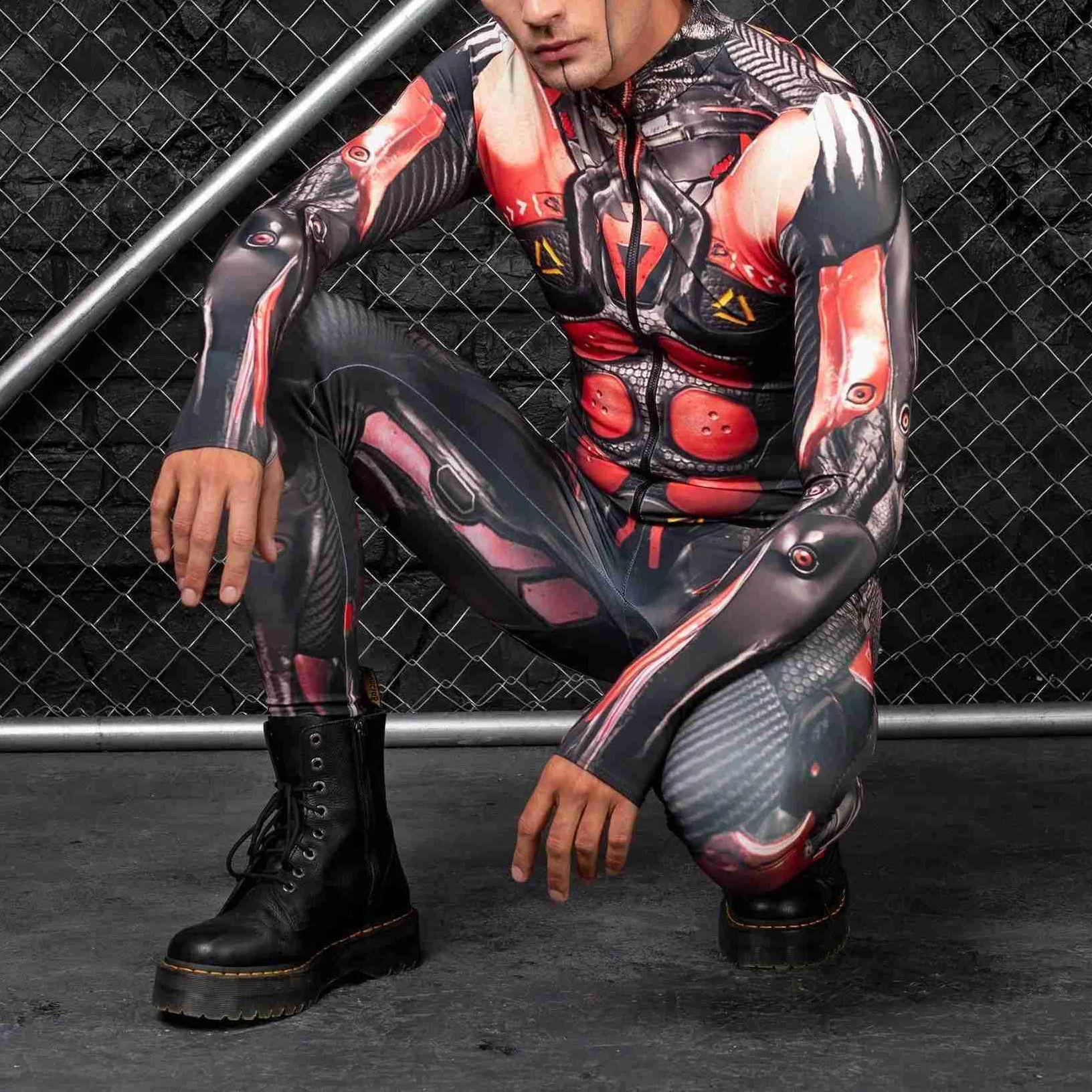 NUOVI uomini tuta cosplay 3D stampato tuta teschio cerniera Zentai sexy stile Mech per la festa di Halloween aderente sottile