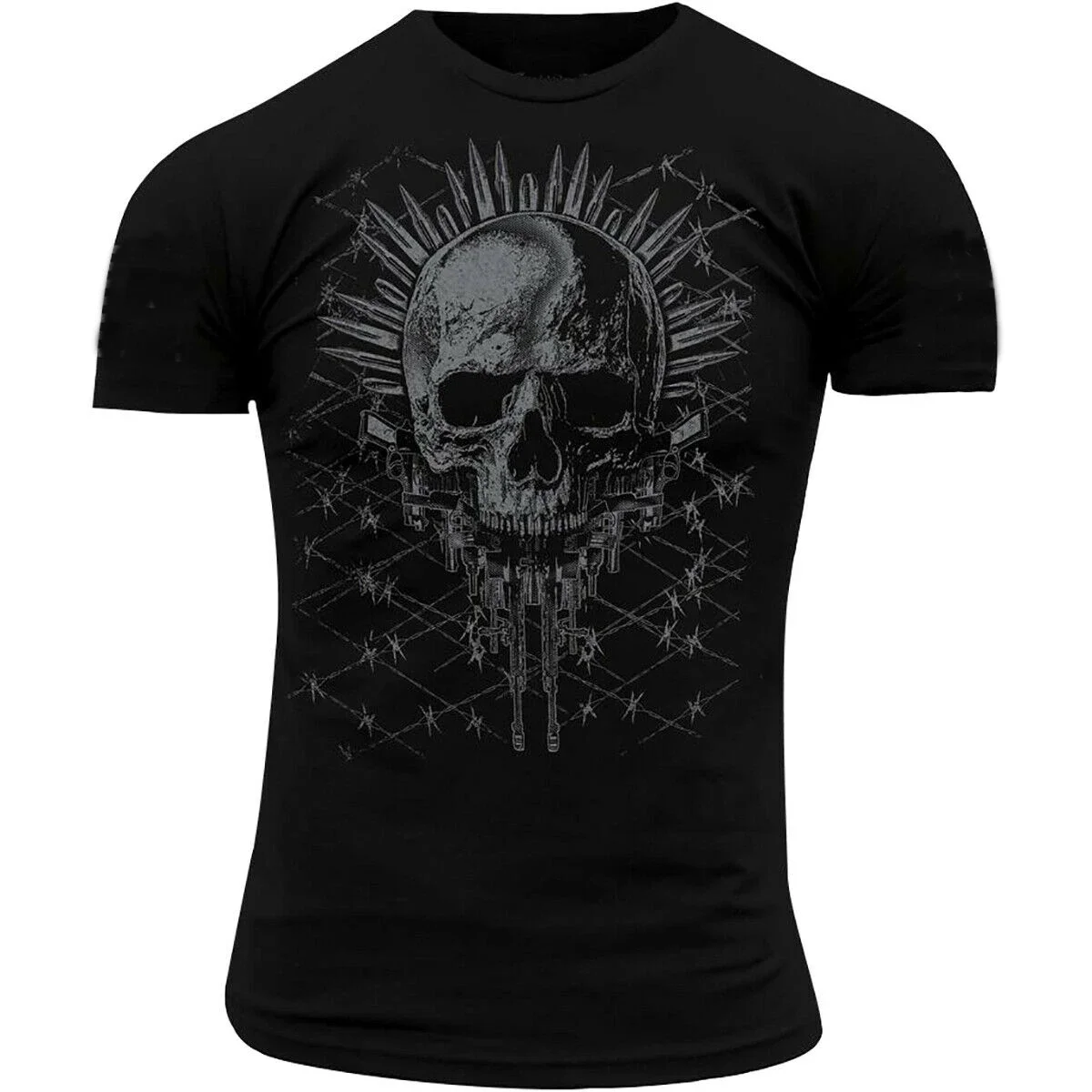 

Gothic Style Gun Bullet Skull Barbed Wire Background T-Shirt. Summer Cotton O-Neck Short Sleeve Mens T Shirt New S-3XL