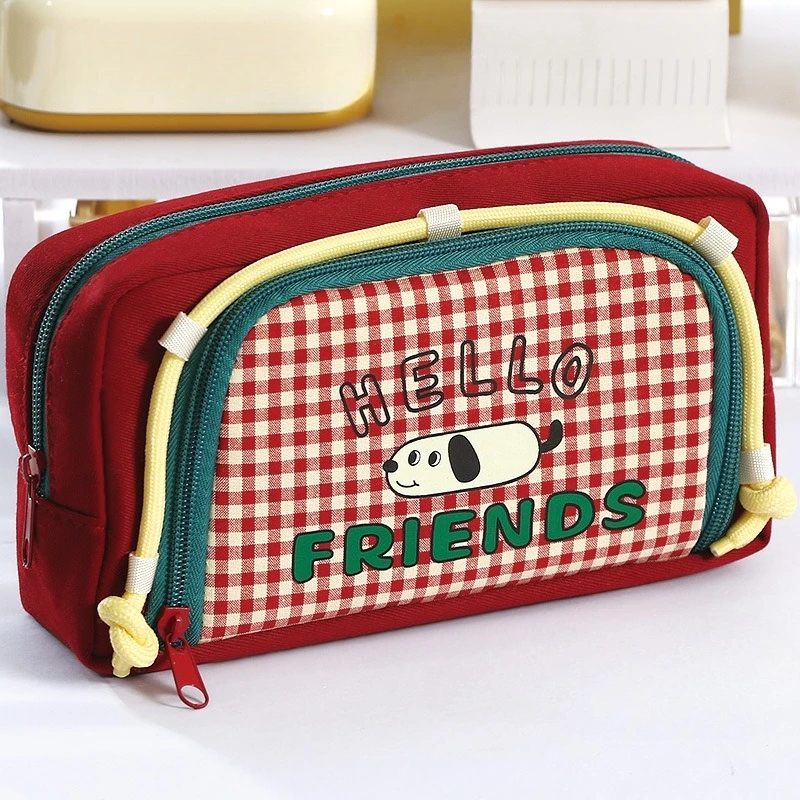 Cartoon Dog Large Capacity Retro Plaid Window Pen Bag for Men and Women Cute and High Beauty Stain Resistant Stationery Bag