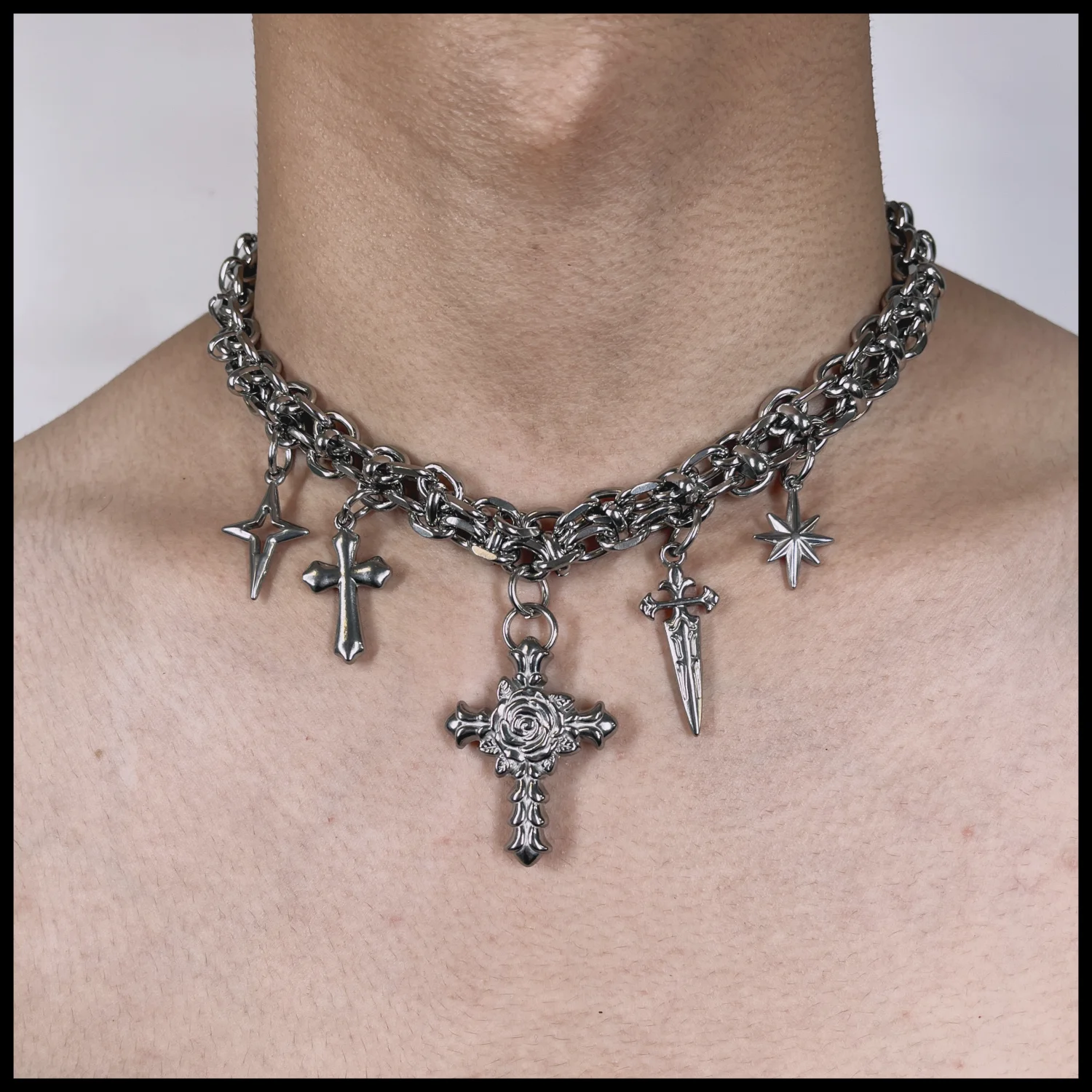 titanium steel Rose Cross Splicing Necklaces Hip-hop Gothic Punk Style Wide Chain Collar Choker For Men Women Girls Jewelry