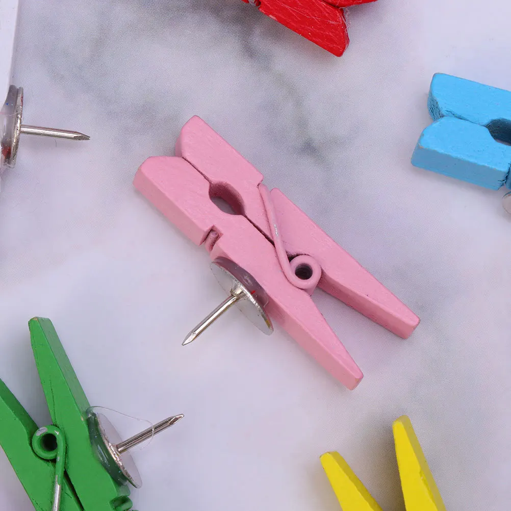 50Pcs Mini Wooden Clothes Pins Clip Type Thumbtacks for Office Home School Bulletin Board Art Projects Colorful Display Tacks