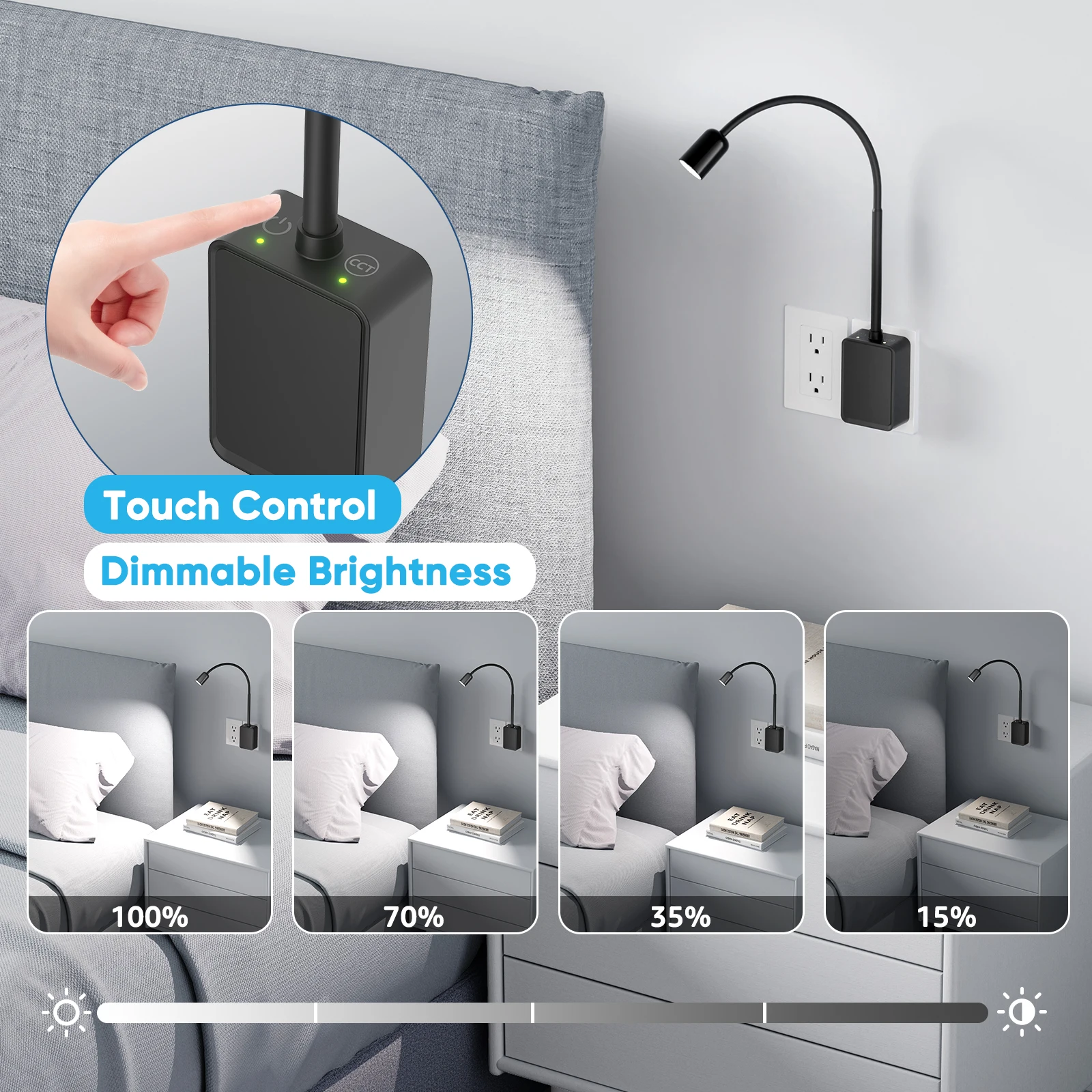 Plug in LED Book Reading Light, Black Flexible Dimmable LED Wall Sconce Lamp with Power Plug for Outlets in Bedroom Living Room
