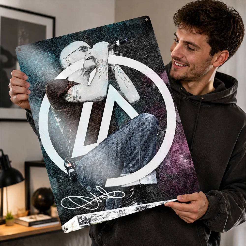 Numb Singer With Band Emblem Printed Poster Monochrome Wall Art For Music Studio Customized Aluminum Metal Sign Concertgoer Gift