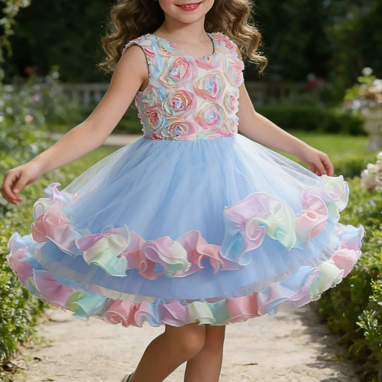 2026 Summer Children's Sweet Princess Dress Three-dimensional Flower Baby Girl Wedding Dress