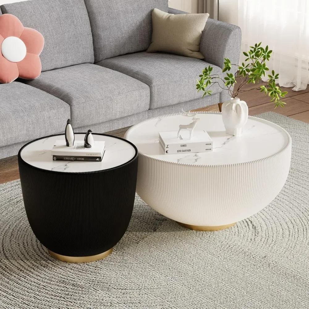 طقم طاولة قهوة مستديرة مكونة من 2، طاولات متداخلة لغرفة المعيشة، طاولة قهوة من الحجر الملبد، طاولة قهوة حديثة