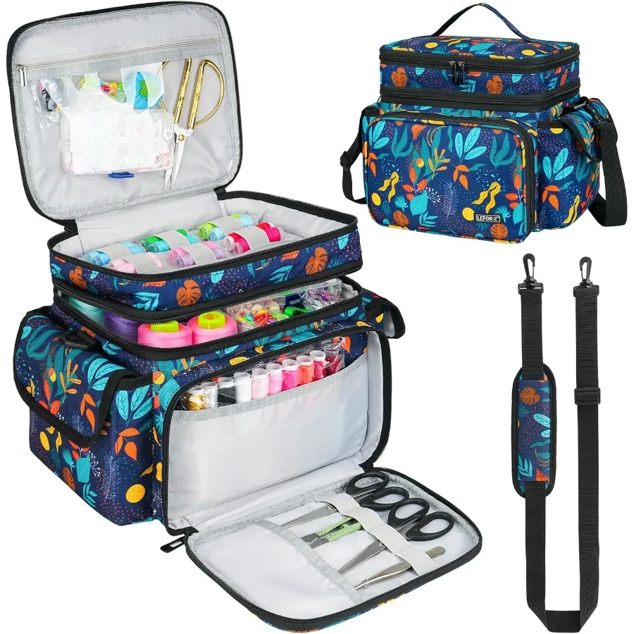 

Double-Layer Sewing Accessories Storage Bag with Leaf Pattern for Portable Travel Ideal for Organizing Sewing Tools and Supplie