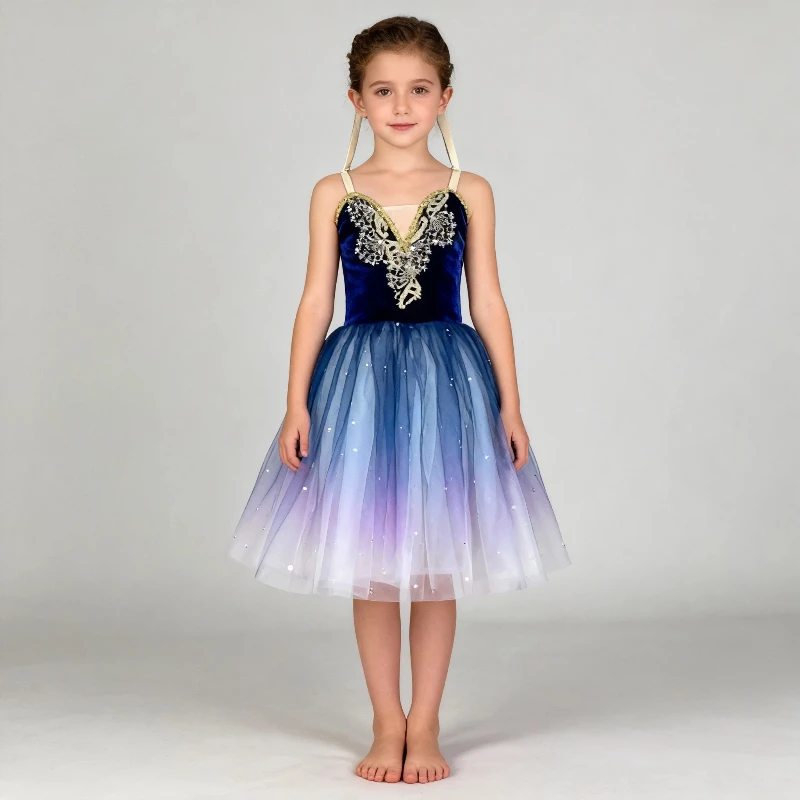Children Long Ballet Dress Performance Clothing Girls Blue Purple Ballet Tutu Skirt Professional Belly Dance Costumes Velvet Top