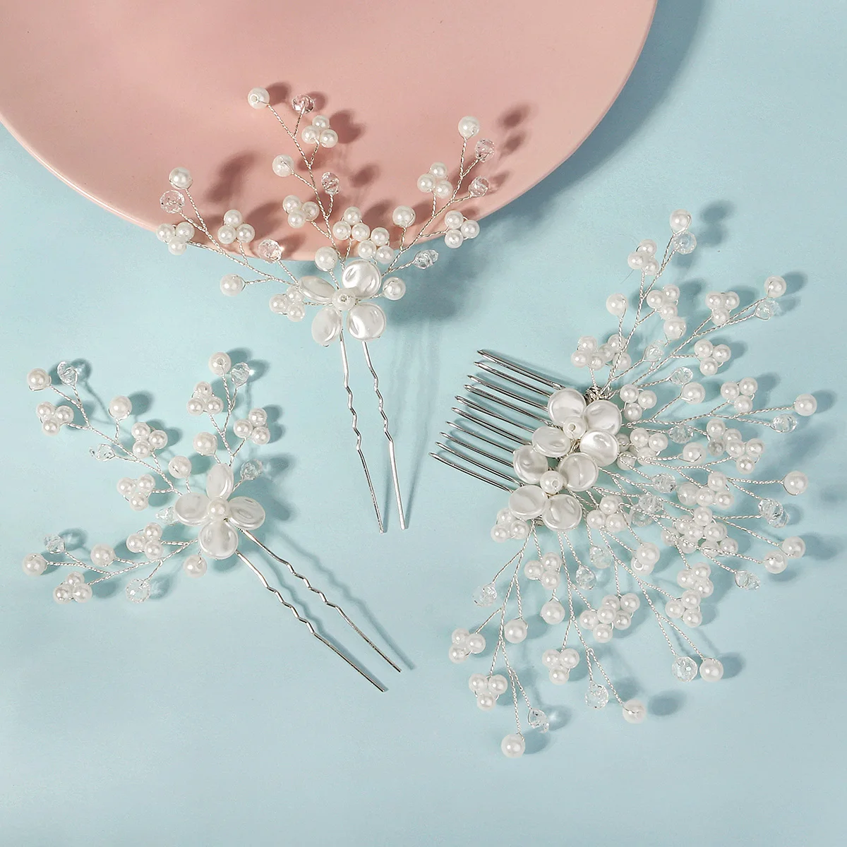 U-shaped Vintage Pearl and Rhinestone Hair Combs Set 3PK Accessory Pearl Stick Popular Handmade Fancy Wedding Hair Clips