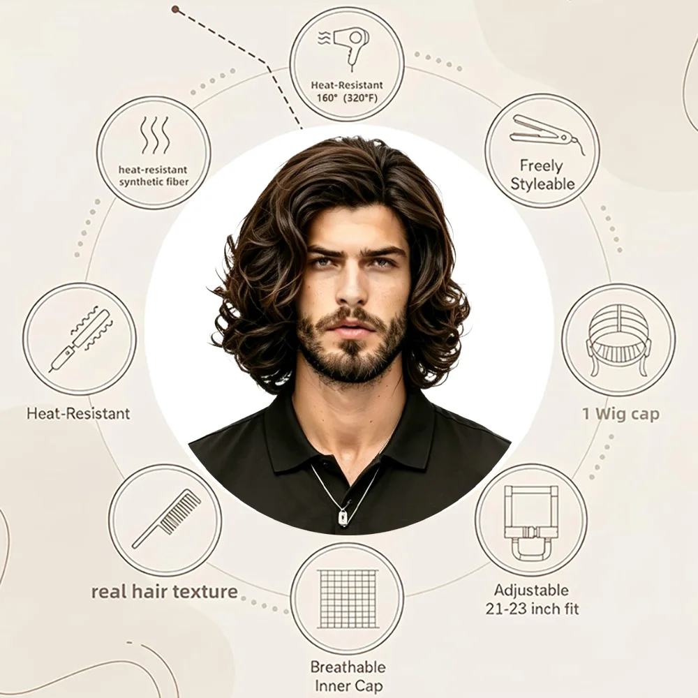 

Men's Wig 34cm Dark Brown Shoulder Length Curly Natural Looking Heat Resistant Synthetic Full Head Wig For Daily Party Cosplay