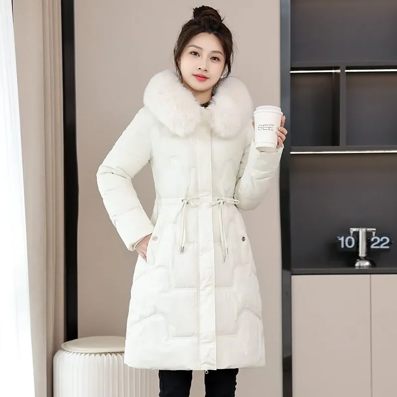 Women Parkas Fashion Mid-Length Down Cotton Jacket New Winter Fur Collar Hooded Slim thick Warm Snow Wear Padded Clothes