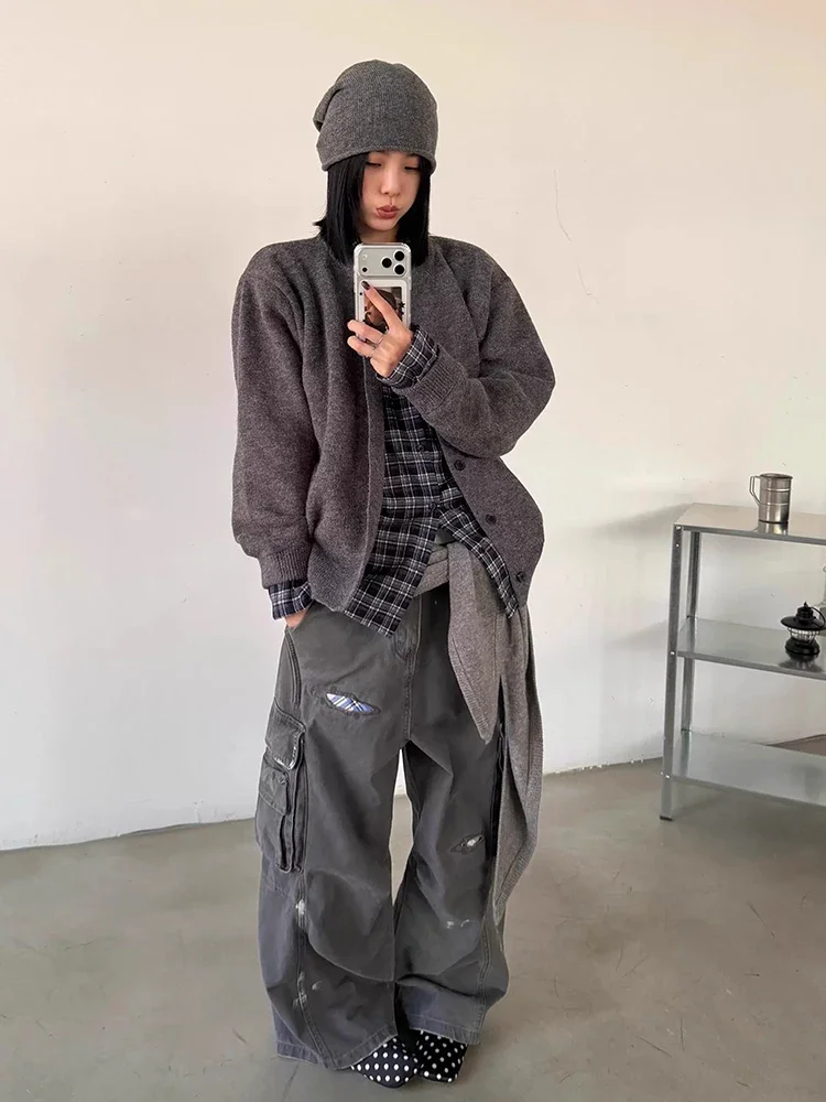 IMU Boyfriend Gray Cargo Jeans Women Big Pockets Do Old Plaid Patched Low Waist Wide Leg Pants Vintage Grunge Streetwear