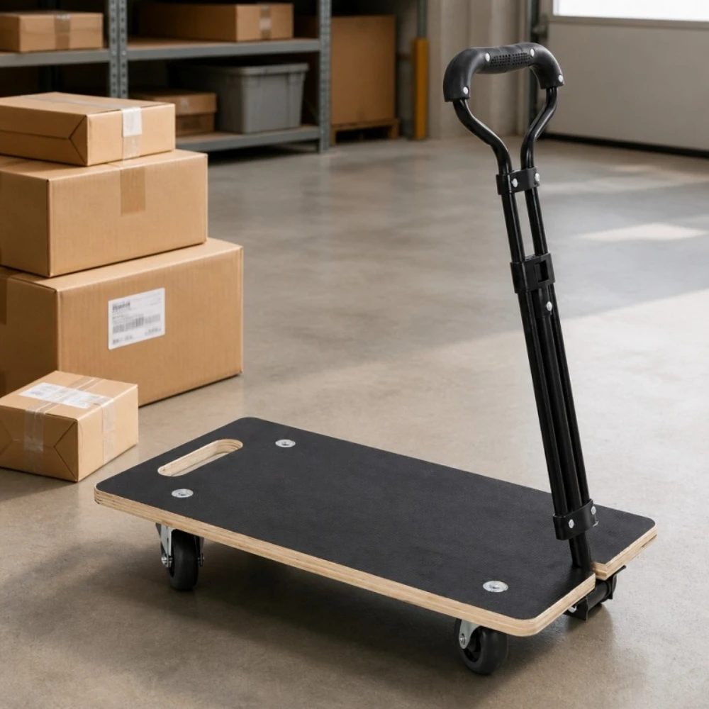 Heavy-Duty Wooden Platform Dolly Cart with Ergonomic Handle, 440 Lb Load Capacity, 3-Inch PP Casters for Furniture, Plants & Heavy Goods