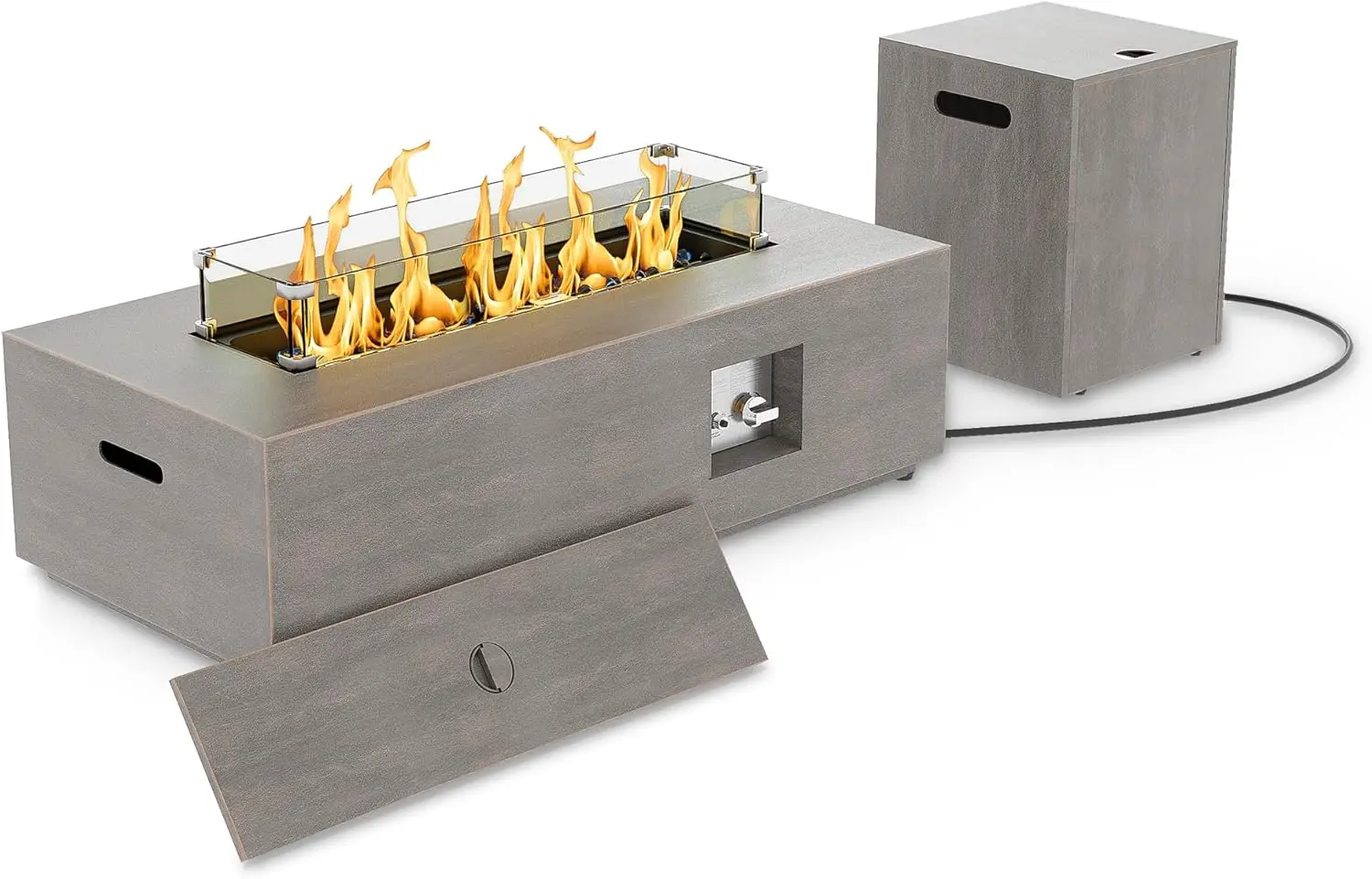 Outdoor Backyard or Patio Fire Pit, Rectangular Shape, Grey Color, 50,000 BTU with Wind Guard and Cover