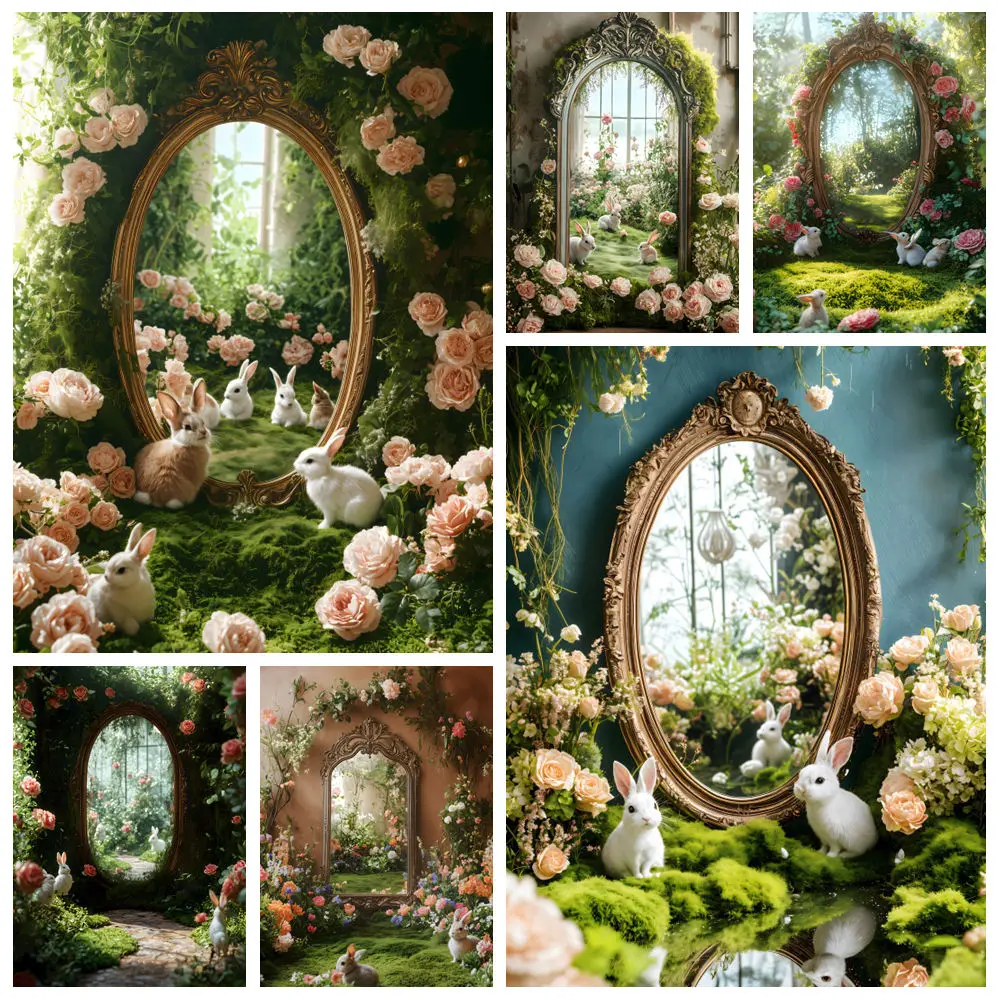 

Happy Easter Photography Backdrop Forest Rabbit Metal Arch Flower Mirror Bunny Kids Birthday Party Background Photo Studio Props