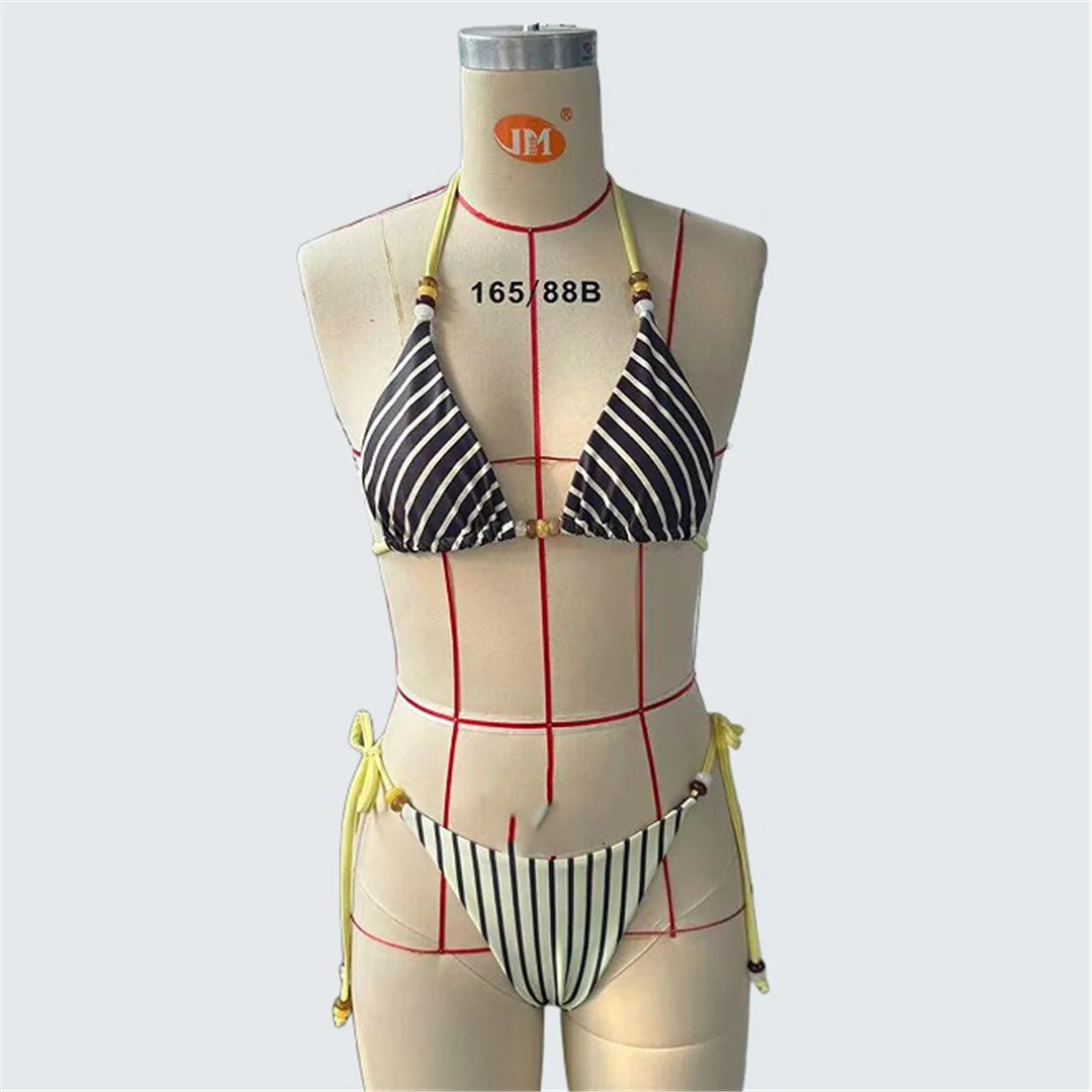 Sexy gestreifter Neckholder-Bikini, Damen-Badeanzug, zweiteiliges Bikini-Set, gepolsterter Badeanzug mit Trägern, Badebekleidung, Schwimmanzug V7773 – Detail 3