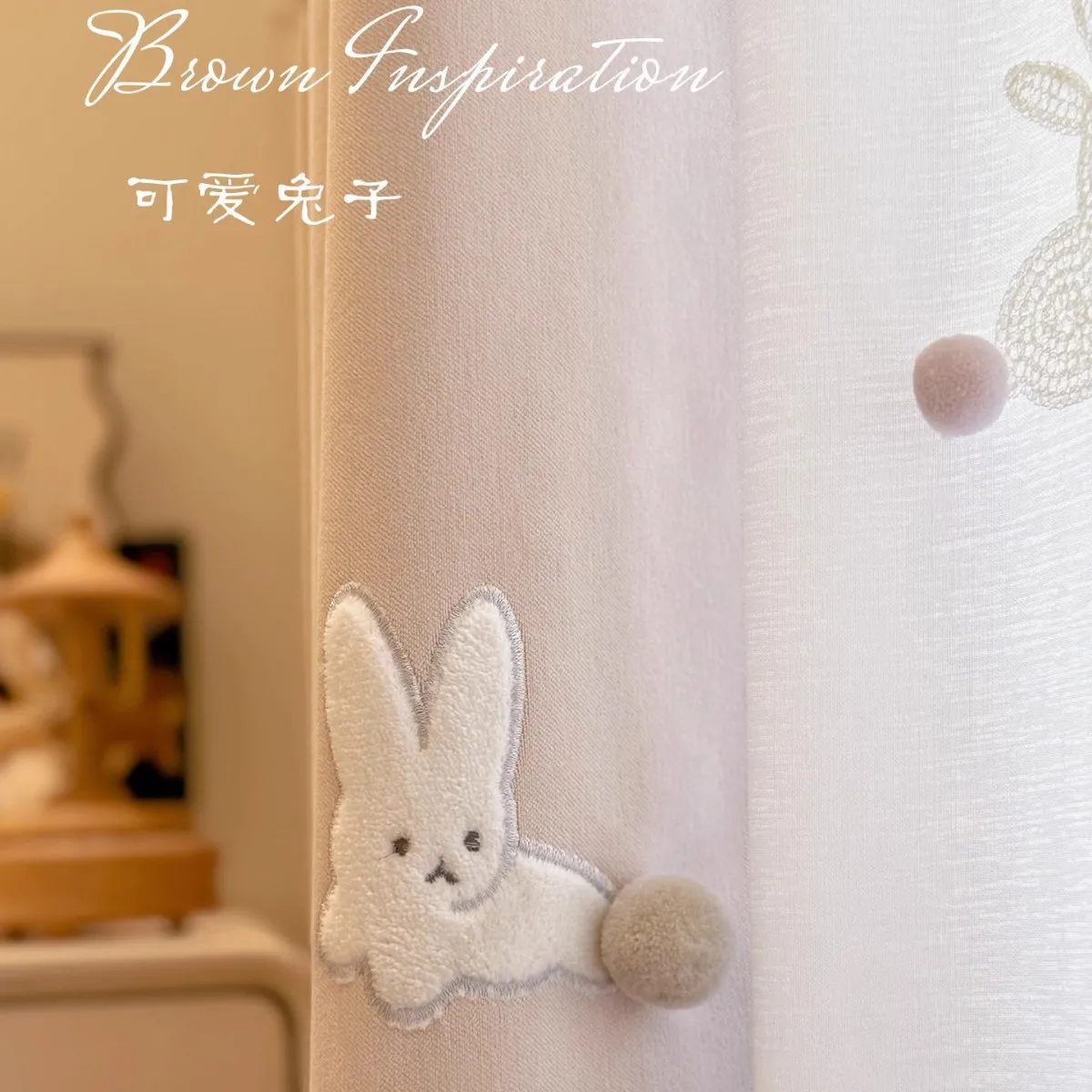 Cute Rabbit Children Room Fur Ball Embroidery Cartoon PrincessCurtains for Living Dining Room Bedroom Pink Chenille White Tulle