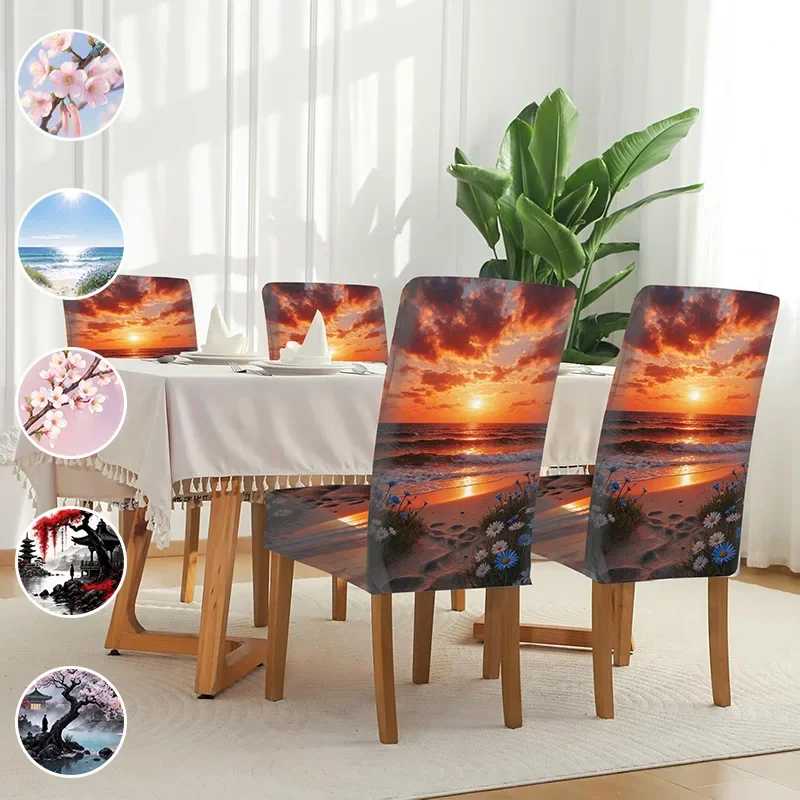 Stretch printed dining chair cover, quiet landscape flower branch pattern, removable home dining chair cover