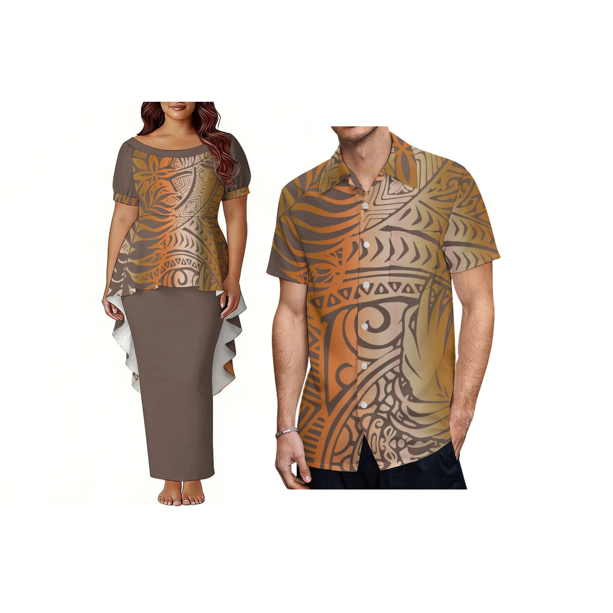 Dropshipping Custom Pacific Isalnd Art Design Elegant Women Fishtail Dress Puletasi Short Sleeve Dress Two Piece