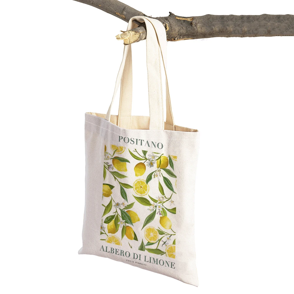 Valencia Positano Lemon Leaves Women Shopper Bags Children Gift Tote Linen Plant Travel Shoulder Handbag Lady Shopping Bag