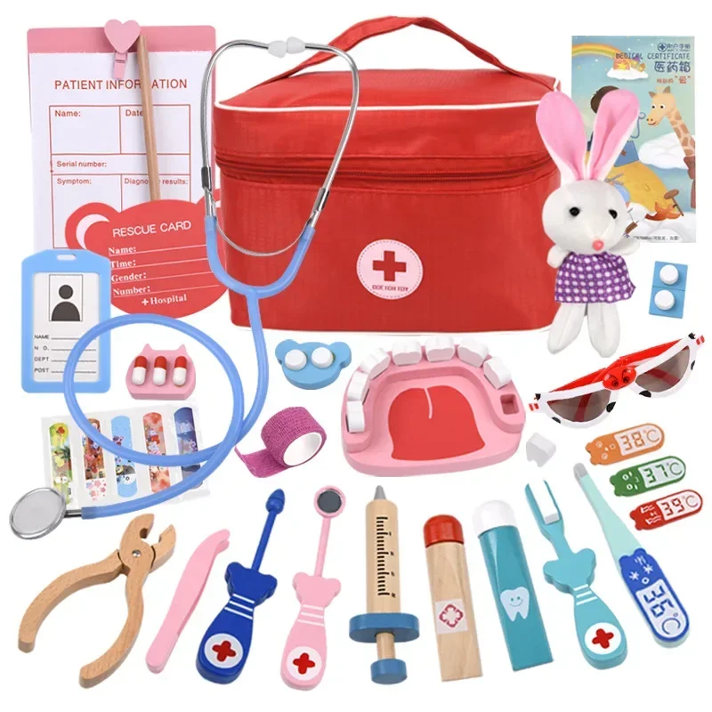Giocattoli da dottore per bambini Set Kit da gioco di finzione in legno per bambini Giochi per ragazze Ragazzi Dentista medico rosso Scatola per medicinali Borse di stoffa Regali