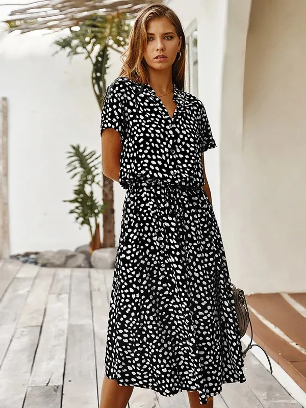 Vintage Floral Print Kleid Frauen Boho Kurzarm Langes Kleid Drehen Unten Kragen Casual Bund Hemd Kleider Robe Sommer M5H1