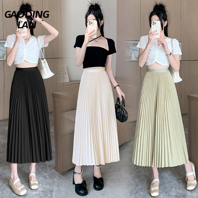 

GAODINGLAN Elegant Temperament Women Long Skirts Solid Elastic High Waist Sagging A Line Skirt Female Pleated Skirt Versatile