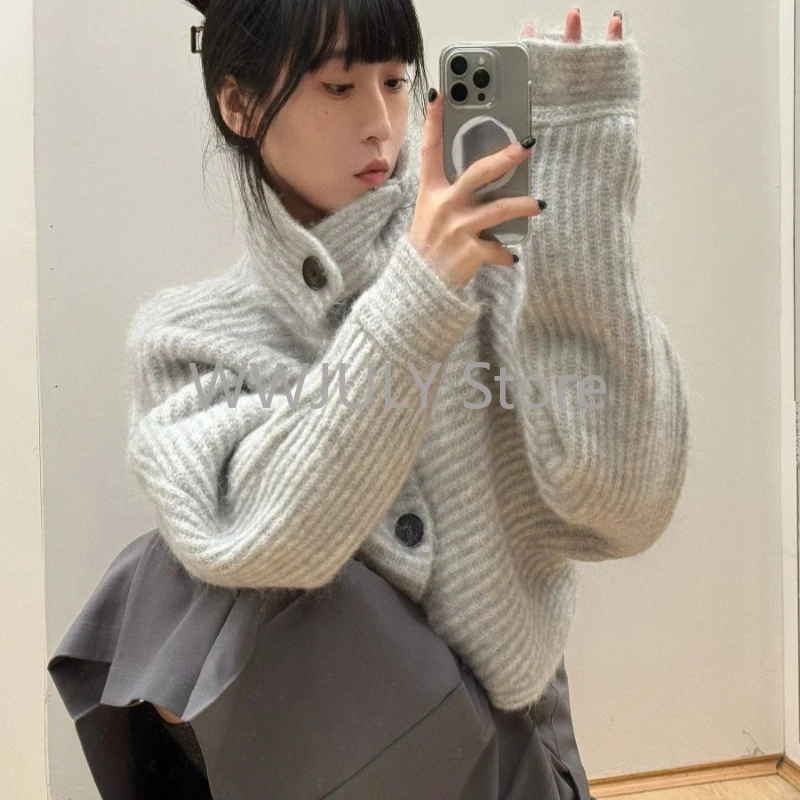 Y2K Gray Striped Women Sweater Vintage Turtleneck Korean Fashion Knit Cardigan Harajuku Button Autumn Loose Old Money 2024