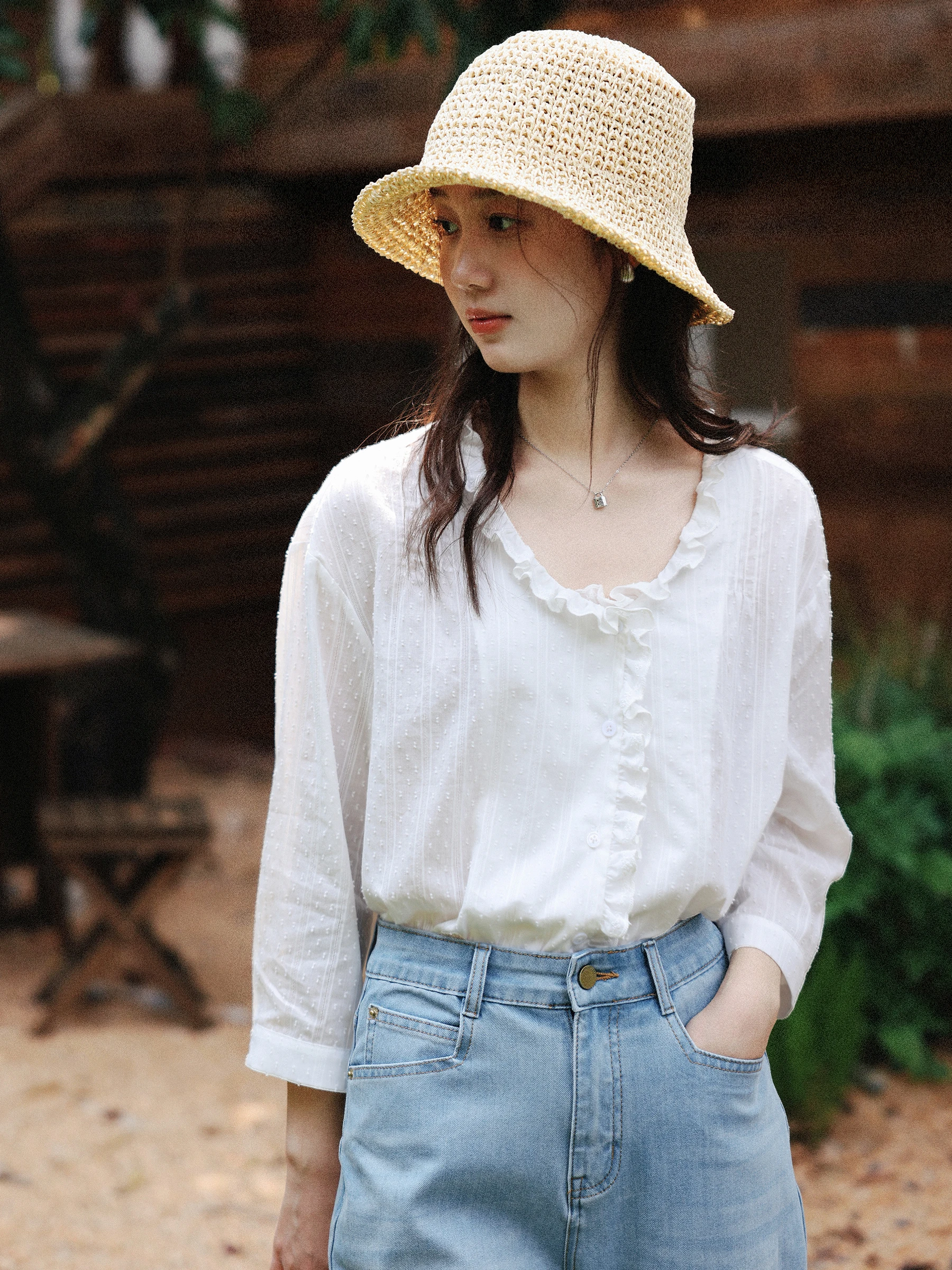 MUNNS RUIXI Original Wood Texture White Floral Embroidery Shirt V Neck Semi Transparent Eight Sleeve Loose Fit Cotton Women's...