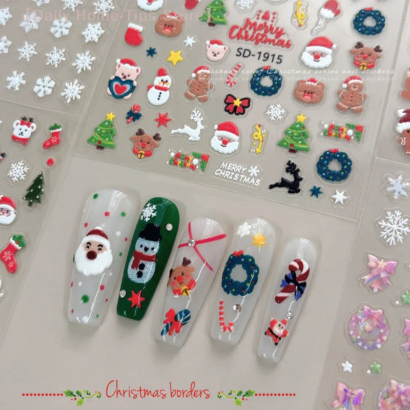 Christmas Lovely Cartoon Bowknot Santa Claus Snowman Christmas Tree Elk Snowflake Nail Art Stickers Xmas Cute Manicure Decals