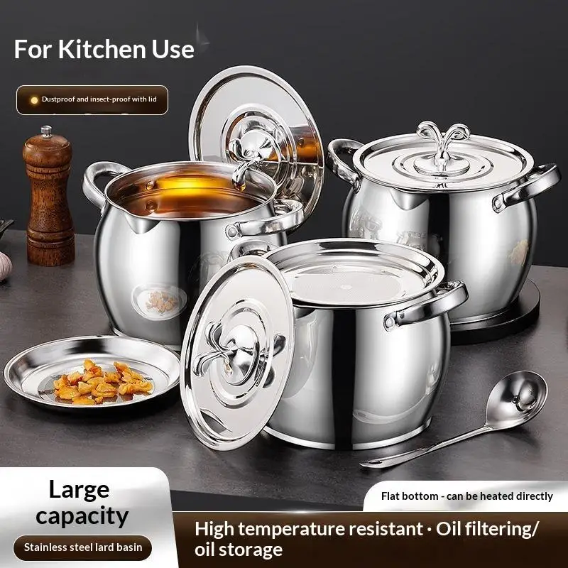 1PC 1.5/2/2.5/3 L Stainless Steel Lard Pot with Strainer Lid Double Handle Heat Resistant Large Capacity Oil Storage Container