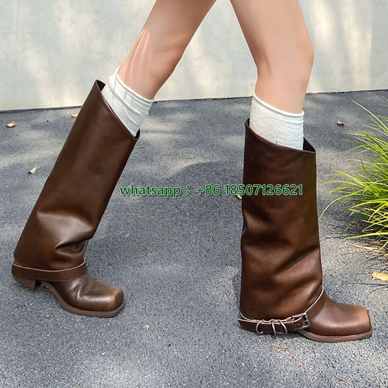 Leather Wide-Tube Knee-High Boots Women's Flat-Soled Thick-Heeled Belt Buckle Long-Tube Trouser Boots High-Top Knight Boots