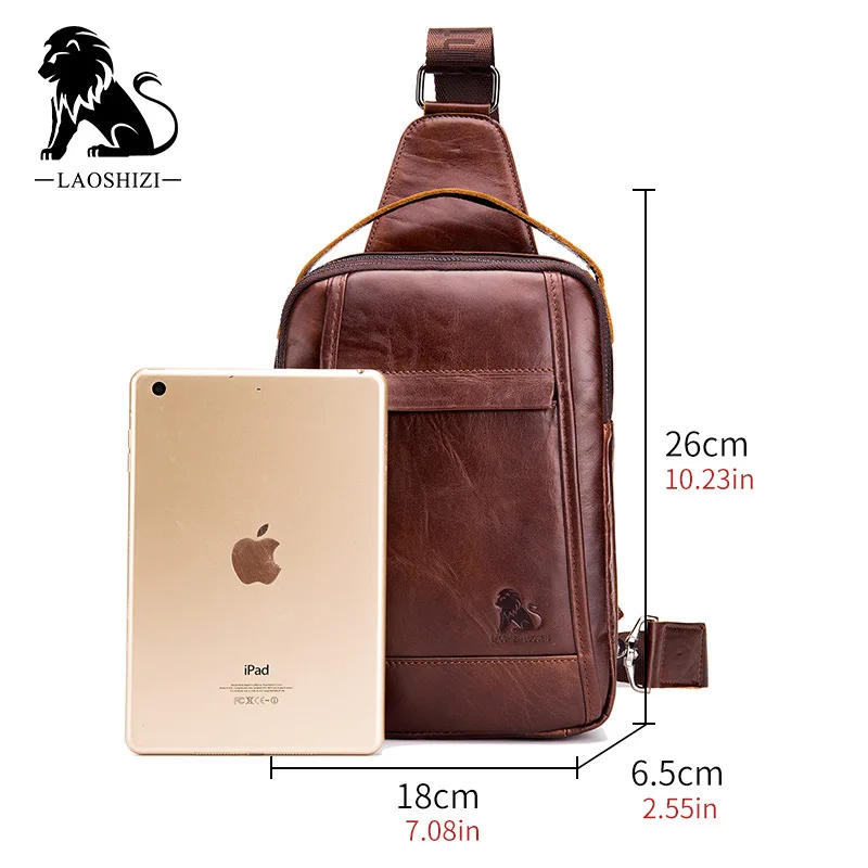 Cowhide Men‘’s Chest Bag Retro Wax Genuineleather Casual Chest Bag Large Capacity Vertical Shoulder Crossbody Bag