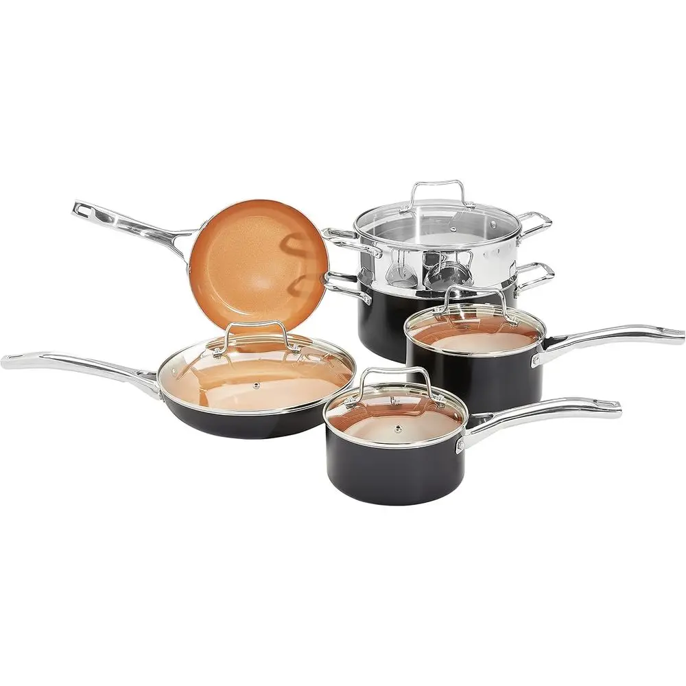 

10-Piece Induction-Ready Nonstick Cookware Set with Frying Pans, Saute Pans, and Glass Lids in Copper Tones