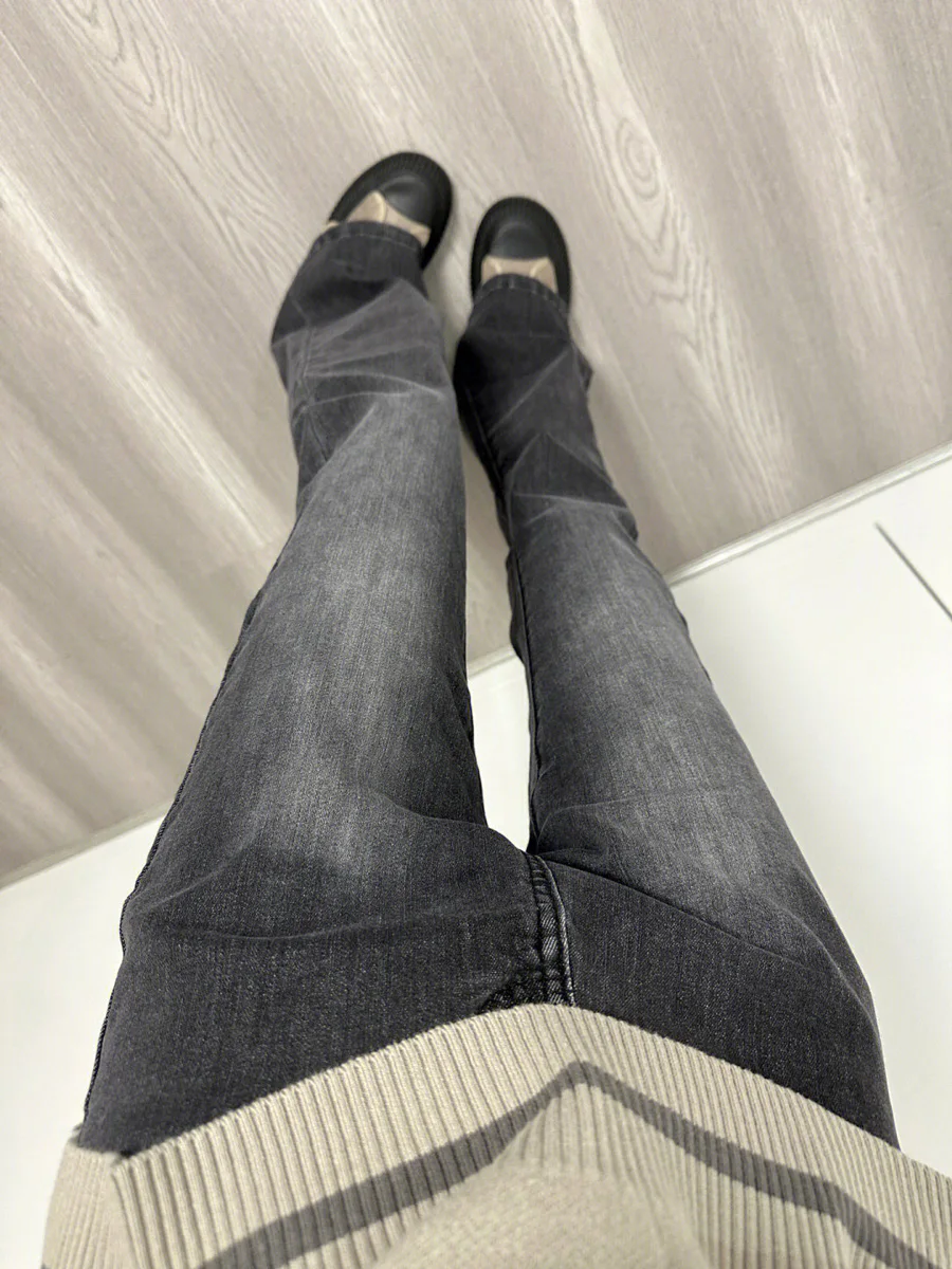 Retro Smoke Grey Micro Flared Denim Jeans Women's Spring Autumn plus Size Slimming Loose Fit Floor Length Pants