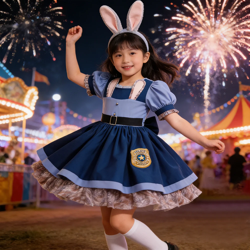 Nueva película Crazy Zoo Rabbit Cosplay disfraces para carnaval niños realizar policía vestido de juego de rol con calcetines vestido de cumpleaños para niñas