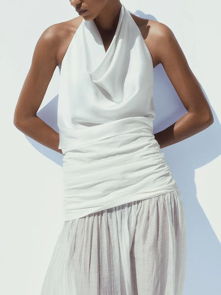 

Summer New Women's Sexy Bal Collar Hanging Ne Silk Satin Feeling Casual Top Commute Sle Slim Fit Regular Length